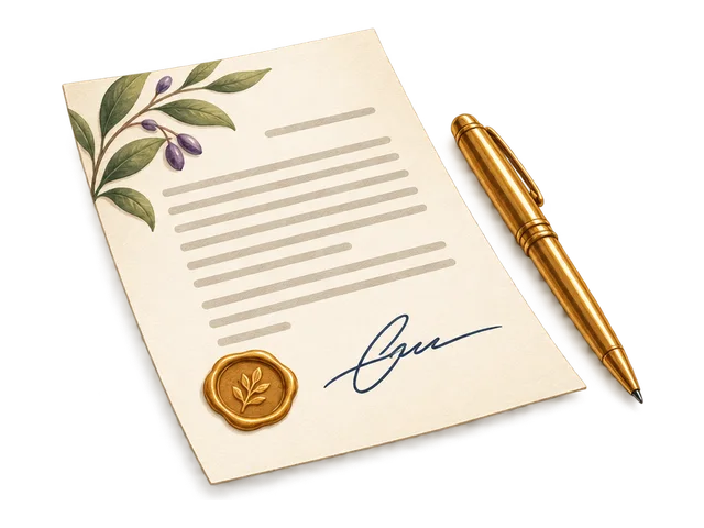 A signed document beside a gold pen