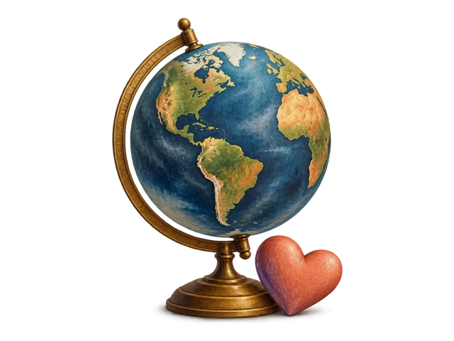 A globe with a small heart beside it