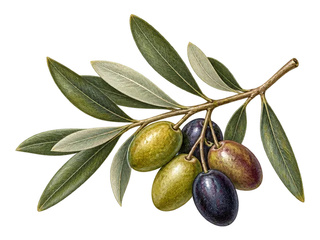 Ένα κλαδί ελιάς με φύλλα και ελιές