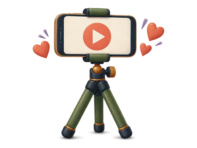 A phone on a tripod showing a play button, with hearts beside it
