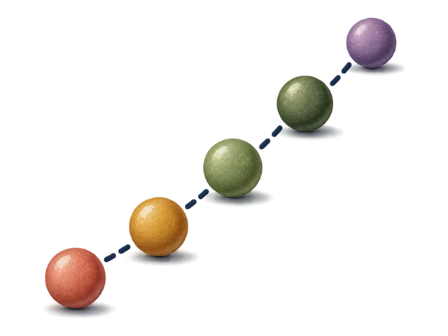 Five dots climbing a dashed line