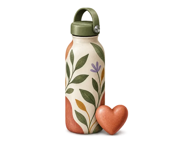 A reusable water bottle with a heart beside it